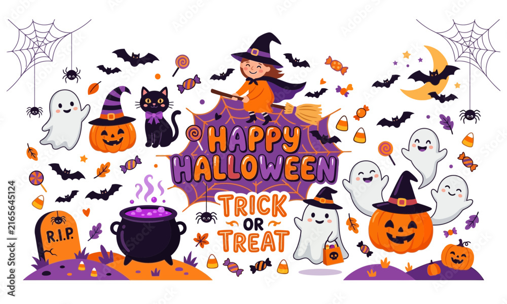 Fototapeta premium A delightful and spooky halloween scene featuring a witch on a broom ghosts pumpkins and lots of treats for a festive celebration