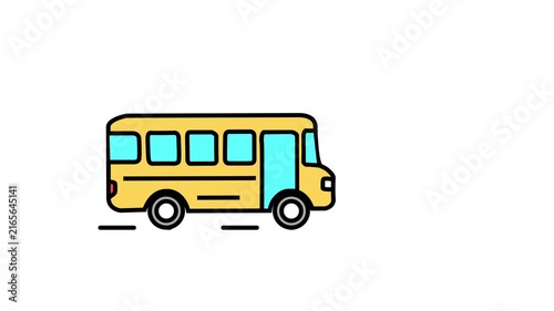 Yellow school bus line icon animation, student public transport vehicle moving animation.