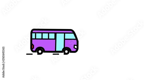 Purple minibus line icon animation, small passenger van public transport animation. Colorful line art mini bus moving animation.