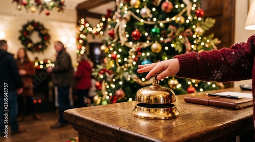 Child hand excitedly ringing brass hotel reception bell during Christmas family vacation