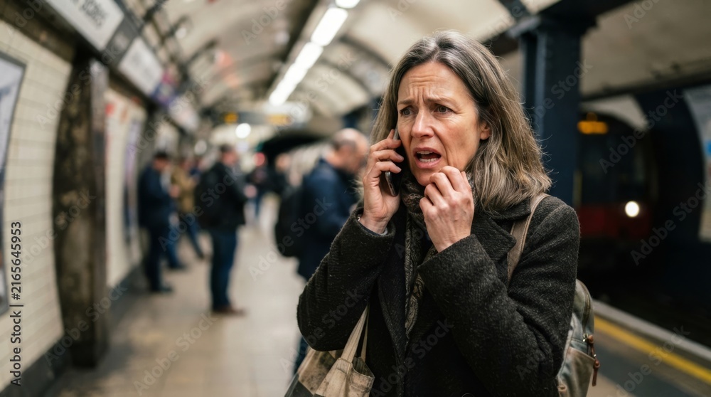 Fototapeta premium Worried woman talking on phone at subway platform with train arriving. Anxious middle aged female commuter receiving bad news. Stress and urban lifestyle concept