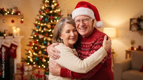 Happy senior couple hugging at home on Christmas. Elderly woman and man embracing near decorated tree with lights. Love and family holiday celebration concept
