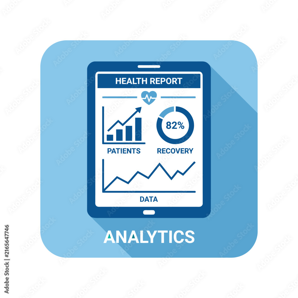 Fototapeta premium Flat illustration of a tablet displaying digital health report and analytics data on screen.