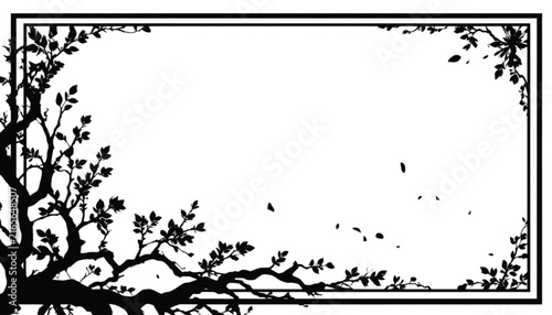 Rectangle frame featuring intricate tree branches creates a striking black and white compositional border.