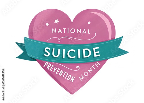 Pink heart illustration with teal banner and national suicide prevention month text prevention national