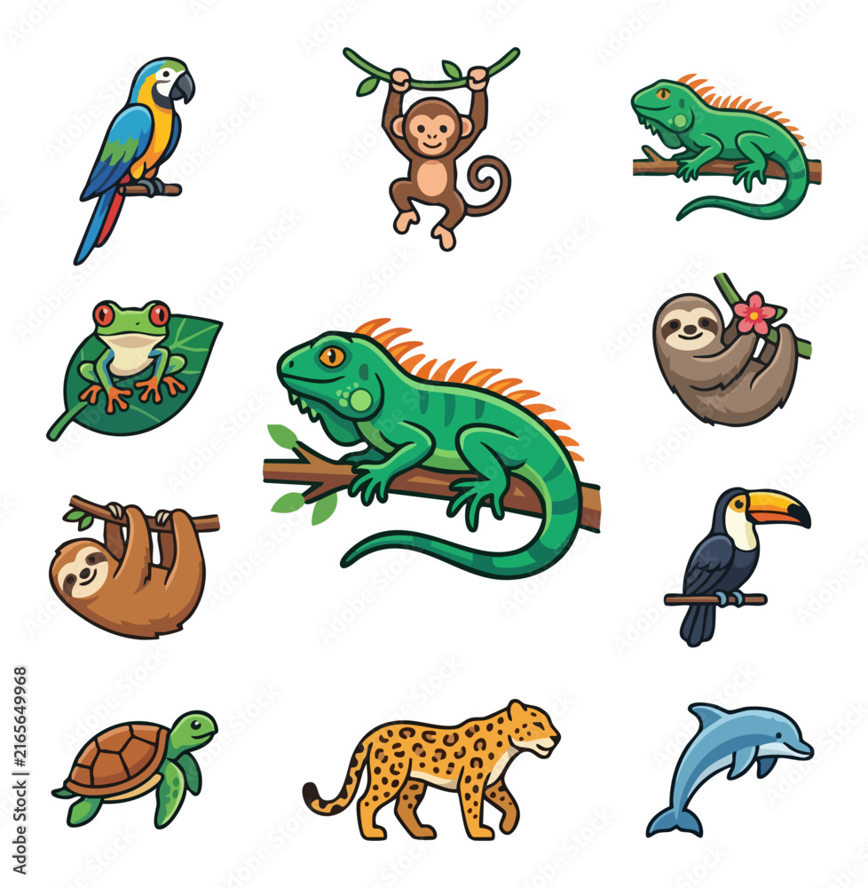 Naklejka premium Collection of jungle animals and tropical wildlife illustrations