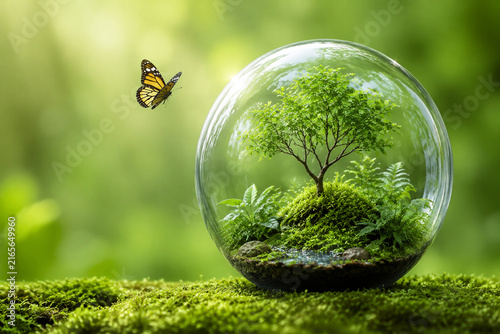 Glass sphere with thriving plants and butterfly, representing nature and conservation.