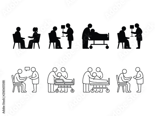 Medical consultation and hospital treatment icons set, doctor and patient, nurse with patient in bed, surgery team and medical examination
