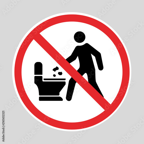 Fotografie No flushing trash down the toilet prohibition sign with person disposing waste, indicating improper toilet disposal is forbidden