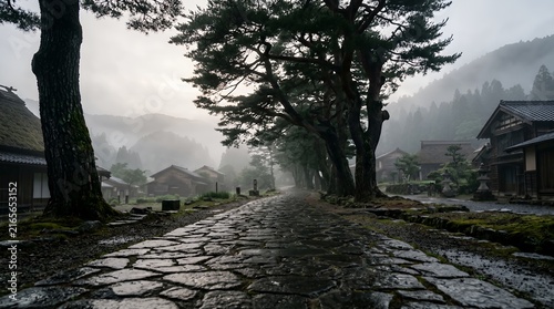 Japan's Historic Edo Period Village Path Shrouded in Mystical Morning Fog