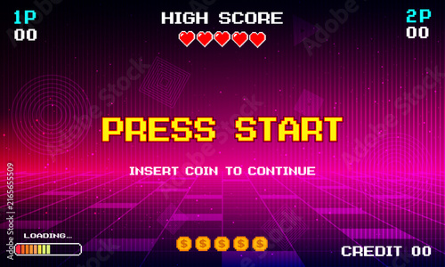 PRESS START. INSERT A COIN TO CONTINUE. pixel art 8 bit. Retro Futurism Sci-Fi Background. glowing neon grid and stars from vintage arcade computer games