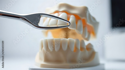 A close-up of a metal dental instrument poised above a plaster teeth model of an upper jaw.