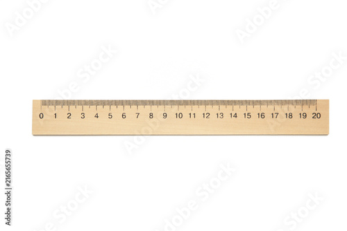 Classic wooden 20-centimeter metric ruler with black numbered scale isolated on white background.