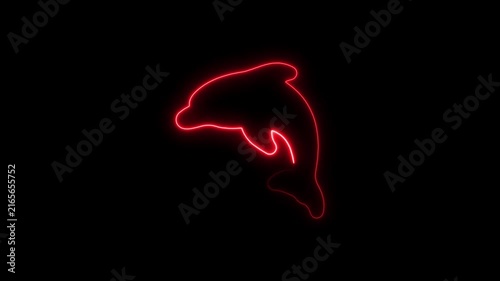 Glowing red neon dolphin silhouette outline animation on black background