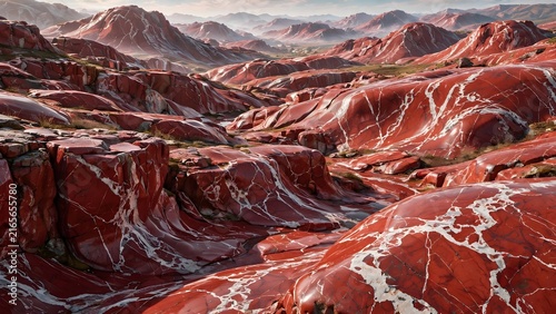 Barren red rock landscape with white veins
