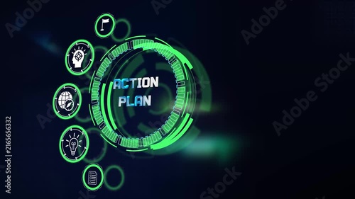 Executing tactical action plan steps displayed on glowing cyan futuristic technological hud interface screen with data icons