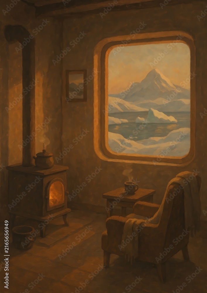 Fototapeta premium Cozy cabin with snowy view.