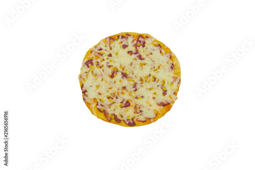 whole pizza with sausage and melted cheese isolated, Top view of whole pizza with sausage and melted cheese isolated on white