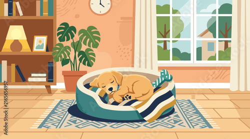 Cute Puppy Sleeping Peacefully in a Cozy Dog Bed at Home Vector Illustration