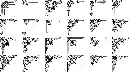 Vintage black decorative corner borders with organic swirls floral elements and frames.
