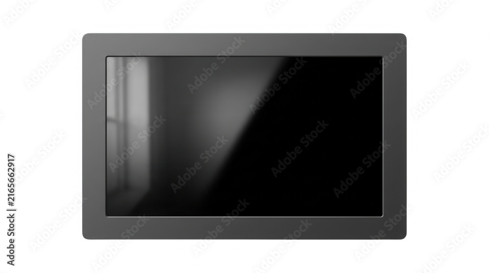 Obraz premium Czarny monitor komputerowy lub ekran telewizora z odbiciem światła, izolowany na białym tle, makieta do prezentacji.