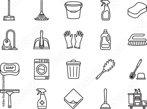 Foto Set of black and white line depicting household cleaning supplies, tools, and eq