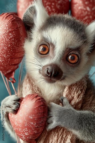 Cute lemur holds heart balloons in a whimsical celebration of love and joy