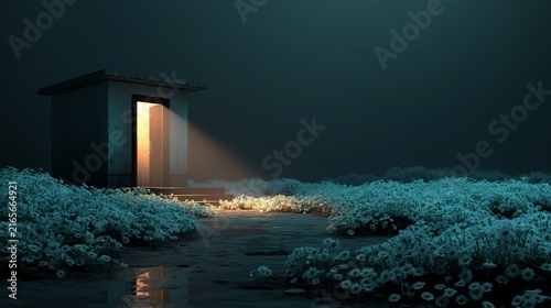 Mysterious doorway illuminated by soft light in a garden of glowing flowers