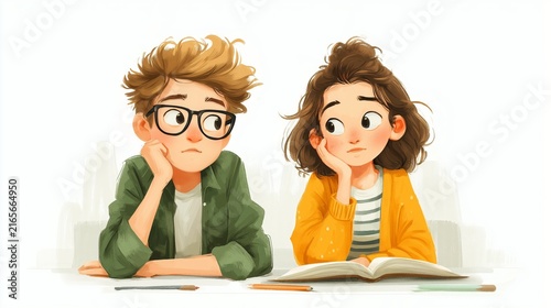 Two students share a thoughtful moment while studying together in a cozy, sunlit classroom