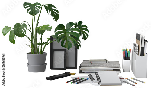 Foto Green houseplants, pots, books, notebooks, markers, and pencils arranged in a decorative composition on a white background with generous copy space