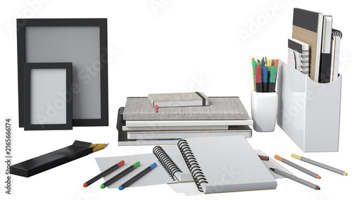 Foto Arrangement of green houseplants, pots, books, a frame, notebooks, and colorful pens on a white background with generous copy space