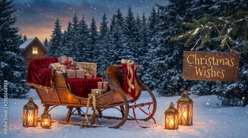 Decorative wooden Christmas sleigh with gifts in a snowy forest at twilight