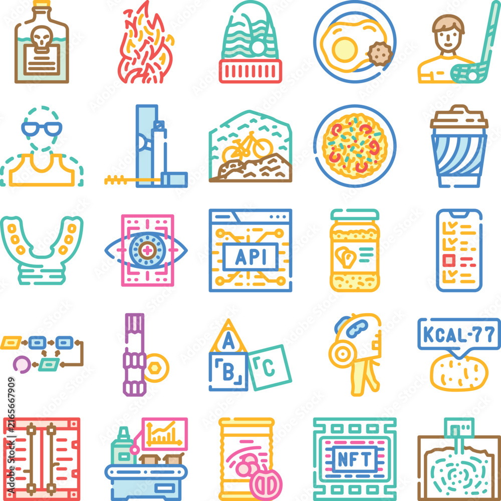 Fototapeta premium Vibrant modern outline icon set covering tech, web development, business, finance, food, sports and lifestyle versatile symbols for apps, interfaces, data and recreation