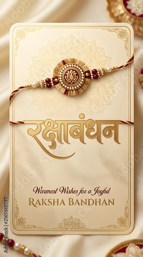 Rakshabandhan greeting with elegant Devanagari calligraphy, maroon-gold rakhi, satin texture, and festive wishes.