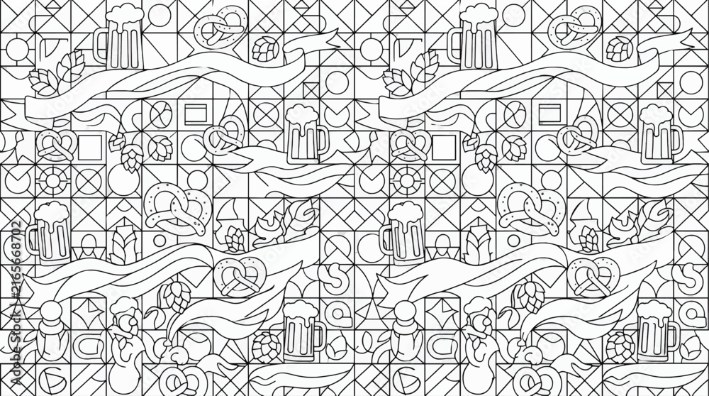 Fototapeta premium Oktoberfest pattern with beer mugs, pretzels, hops, and banners on geometric background, line art vector
