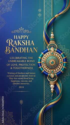 Raksha Bandhan royal teal greeting card with jeweled Rakhi, mandala details and braided satin ribbons design