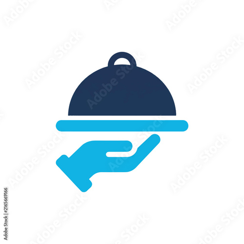 A flat vector icon of a hand holding a silver food serving platter for restaurant service