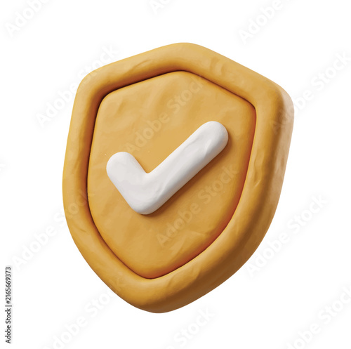 3d rendered yellow shield icon with a white check mark representing security and verified status isolated