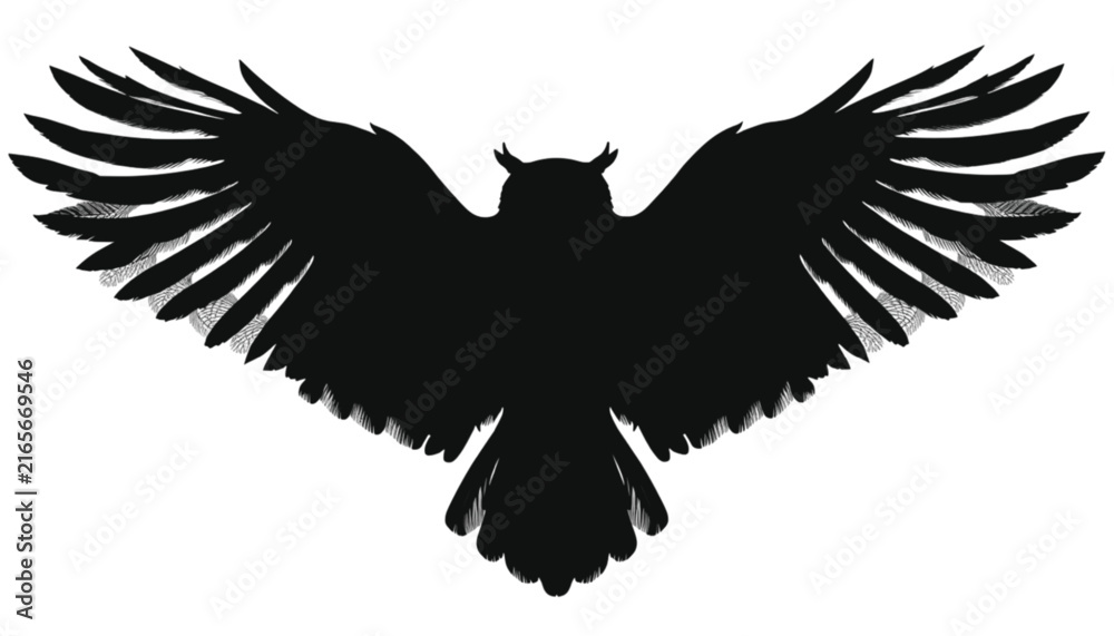 Fototapeta premium Owl silhouette with expansive wings spread wide, captured in a stark, isolated graphic design on a pristine white background, representing freedom, wisdom, and the mysterious allure of nocturnal.