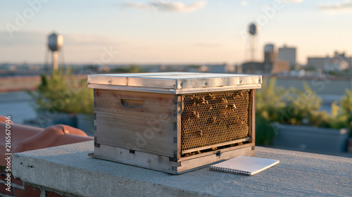Single beehive box close-up at twilight, propolis-darkened frames in the blue hour glow, habit-tracking notebook resting against the base, urban rooftop apiary management,