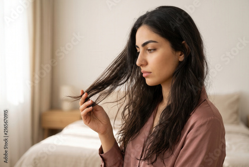 Woman Examining Dry and Damaged Hair Ends at Home