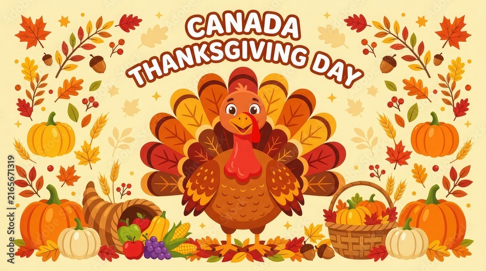 Naklejka premium A festive illustration celebrating thanksgiving day in canada featuring a cute turkey surrounded by autumn pumpkins corn and colorful fall leaves
