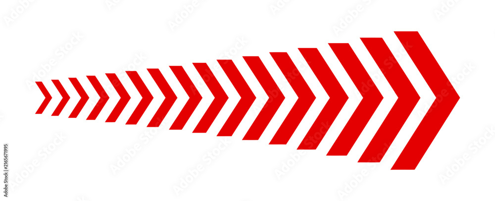 Fototapeta premium A sequence of red chevron arrows pointing to the right isolated on a plain white background