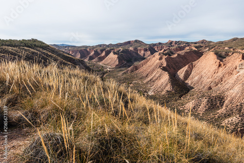 Golden grass and clay hills reveal rugged terrain in Badlands of Purullena, a unique landscape in southern Spain near Granada