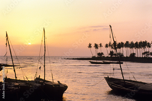 Fishing boats at sunset near the mouth of the River Pongo in Guinea with palm trees in the background
