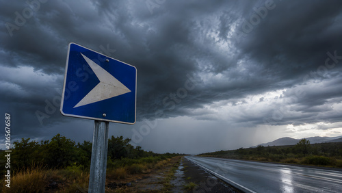 Emergency Evacuation Direction Sign During Storm