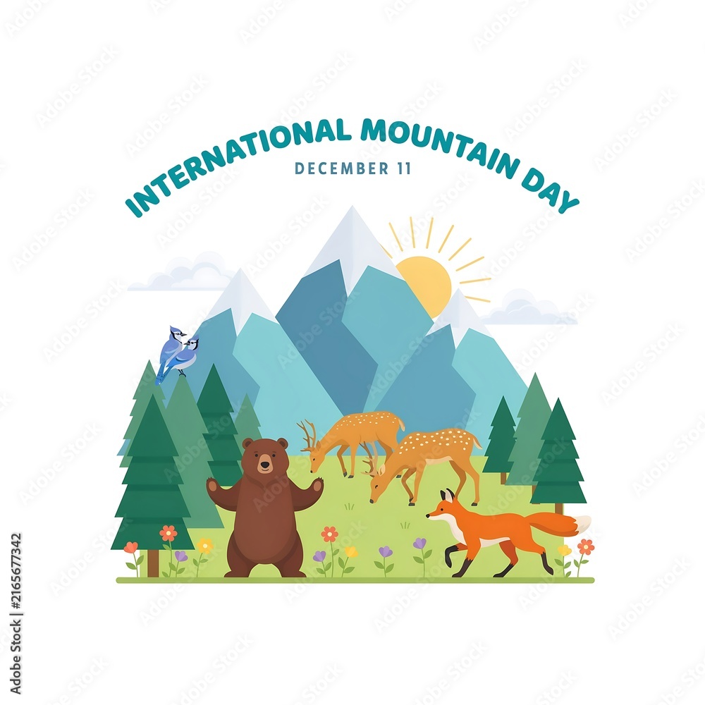 Naklejka premium International mountain day with wild animals and forest landscape on white background
