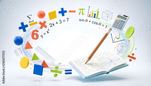 Mathematics concept showing a wooden pencil writing inside an open notebook surrounded by floating 3d colorful geometric shapes plus various algebraic formulas and basic arithmetic 