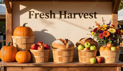 Fresh Harvest Farmer Market Display with Wicker Baskets of Ripe Pumpkins, Artisanal Bread, Apples and Wildflowers
