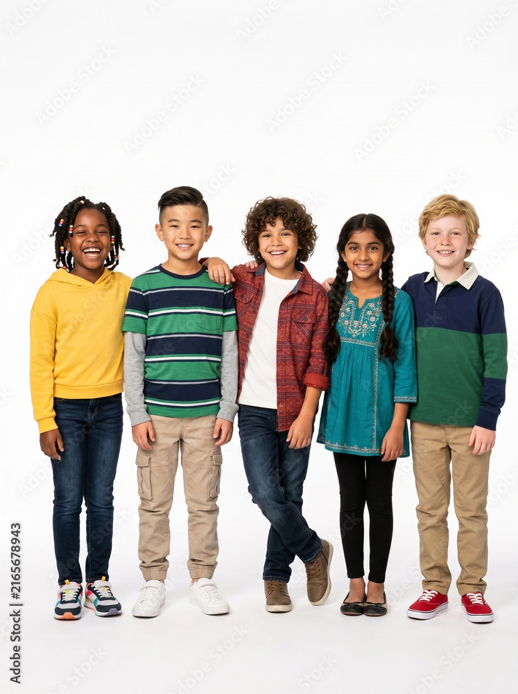 Obraz premium Diverse group of five happy children standing together with arms around each other on a white background
